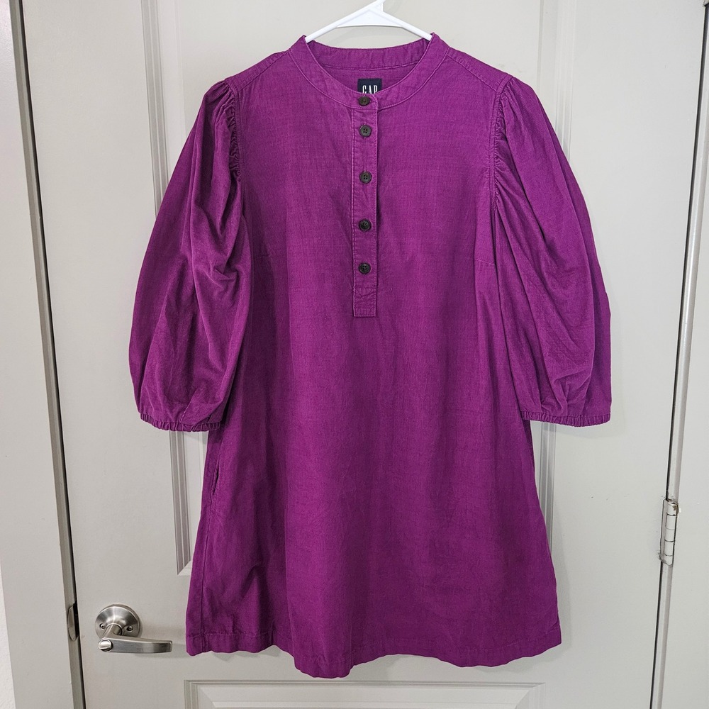 Gap Womens Purple Corduroy Puff Sleeve Mini Shift Dress Band Collar Size S